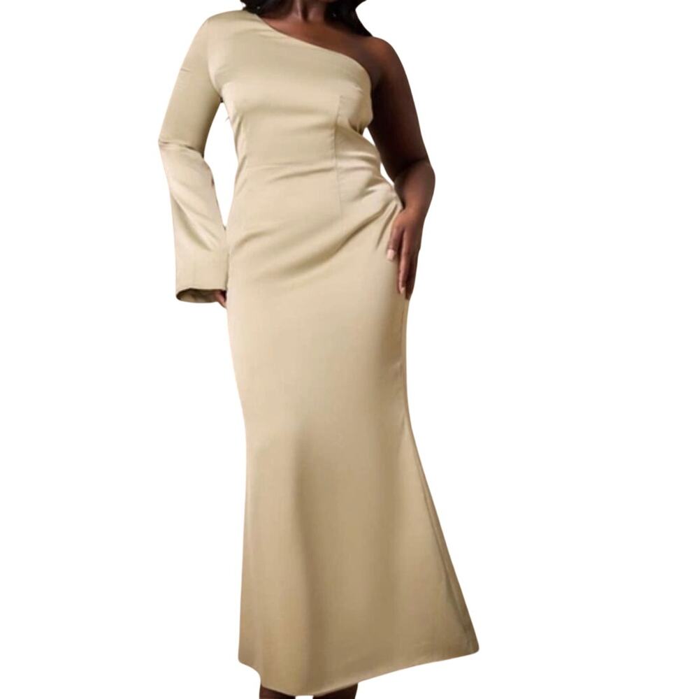 PLT One Shoulder Satin Maxi Dress Olive Green Wide Sleeve Formal Gown NWT 24